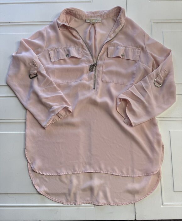 Michael Kors Tops - Michael Kors Womens Sz S Oversized Semi Sheer Pink Half Zip Pink Blouse Top